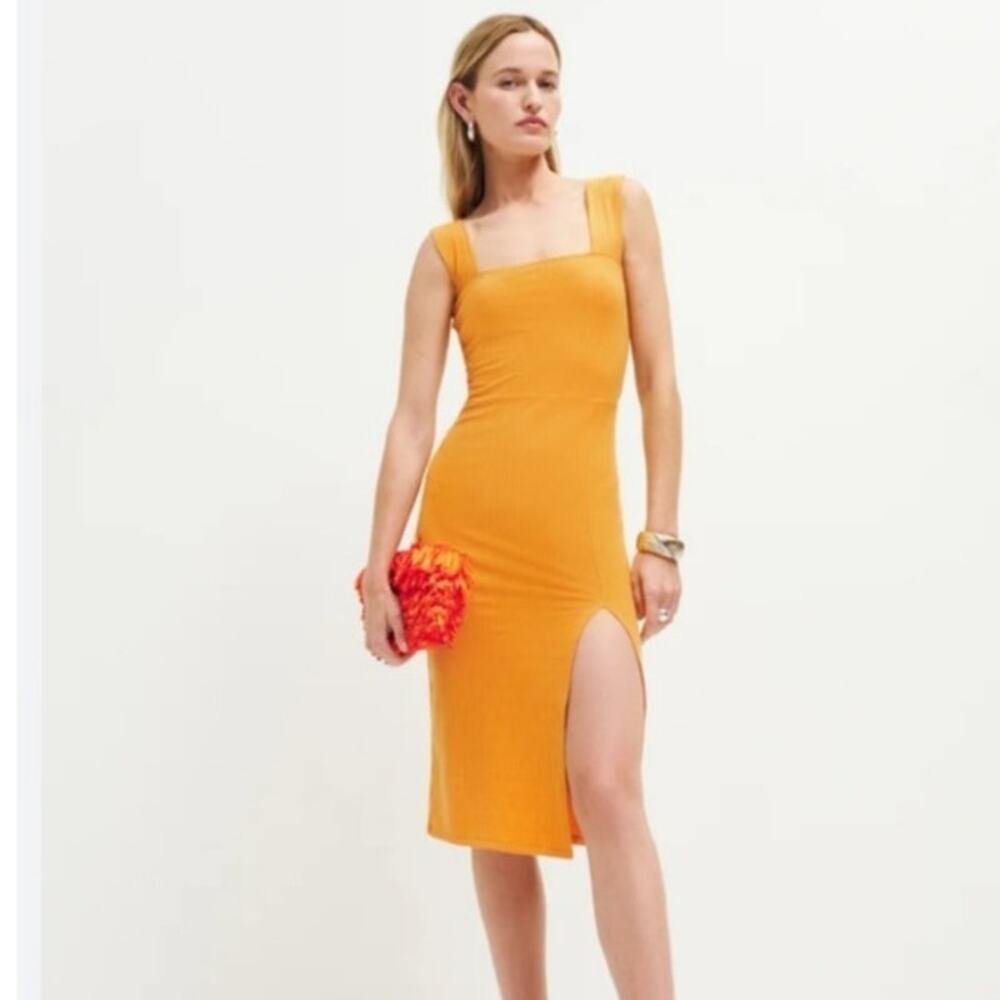 Reformation Cassi knit ribbed tank dress stretch fitted gold yellow